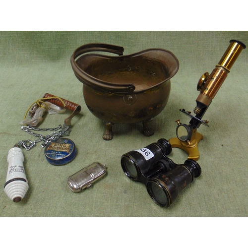 186 - Antique brass student's microscope, miniature coal scuttle, money holder, binoculars, etc.