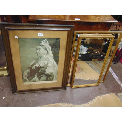 216 - Framed and glazed black and white print, Queen Victoria, together with two mirrors.