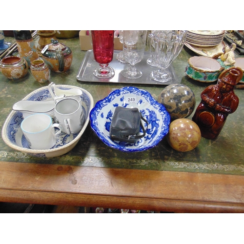 249 - Willow pattern bowl, two reproduction spheres, treacle glazed decanter, lustre jugs, etc.