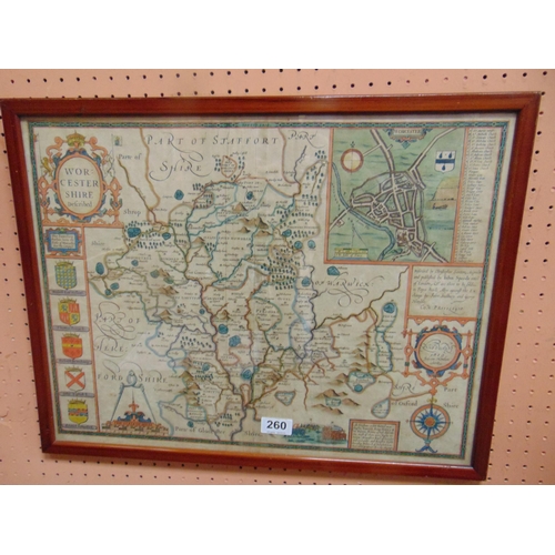 260 - John Speed framed and glazed hand coloured  double sided map - Worcester, with town plan, 15.5 x 20