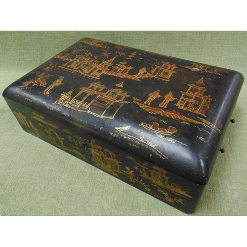 27 - Oriental lacquered trinket box, having lift up lid and traditional decoration, 5 x 15 x 10