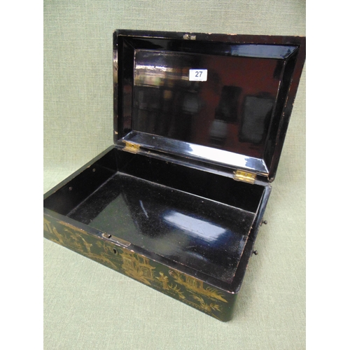 27 - Oriental lacquered trinket box, having lift up lid and traditional decoration, 5 x 15 x 10