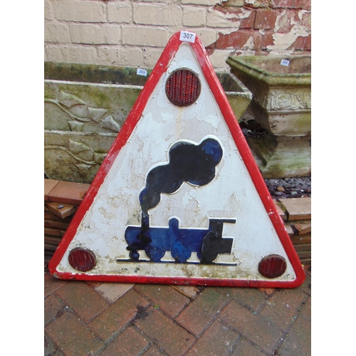 307 - Triangular painted metal train sign, 32 x 35