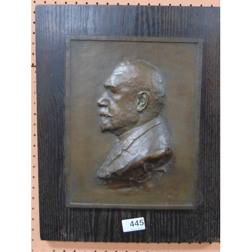 445 - Rhys Rayworth, oak mounted bronze relief plaque, signed lower right. 11 x 8.5