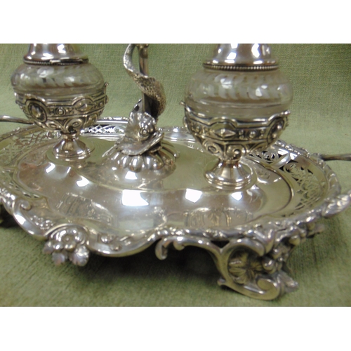 60 - Good quality mid 19th century silver plated twin ink stand, having central figural candle holder mod... 