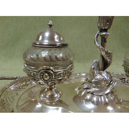 60 - Good quality mid 19th century silver plated twin ink stand, having central figural candle holder mod... 