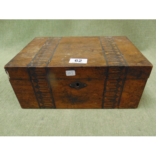 62 - 19th century walnut parquetry inlaid trinket box, 5 x 12 x 8