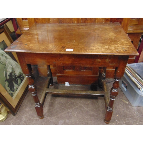 75 - Antique oak side table, rectangular top, set on turned supports joined by H - shaped stretchers. 29 ... 