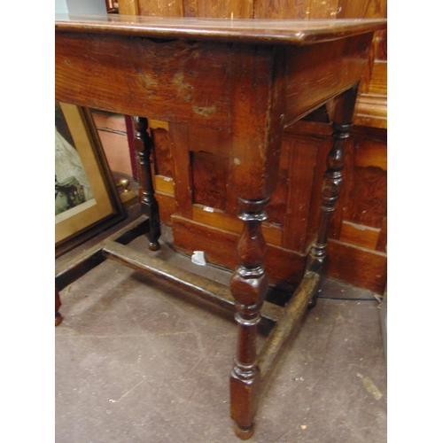 75 - Antique oak side table, rectangular top, set on turned supports joined by H - shaped stretchers. 29 ... 