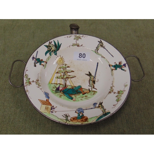 80 - Victorian pewter dish warmer, the ceramic centre decorated with humorous shooting scenes. 8.5