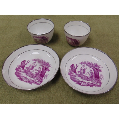 85 - Pair of 19th century Sutherland lustre cups and saucers, each decorated with shepherd and shepherdes... 