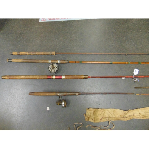 98 - Four vintage split cane fishing rods, and two Hardy slips.