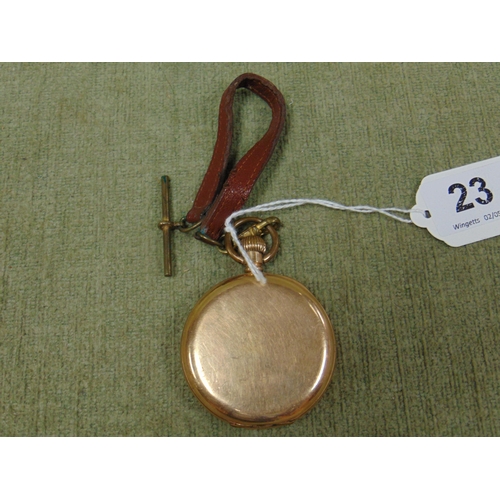 23 - American Waltham 'Traveller' pocket watch contained in a gold plated case, having enamel face with R... 