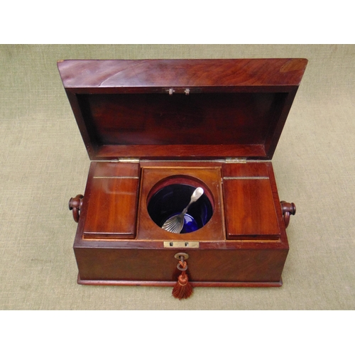 43 - Good antique mahogany sarcophagus tea caddy, lift up lid, fitted interior with blue glass liner and ... 