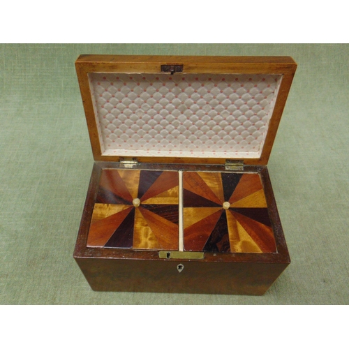 62 - Antique mahogany tea caddy, lift up lid with copper handle and fitted interior. 5 x 8 x 5 