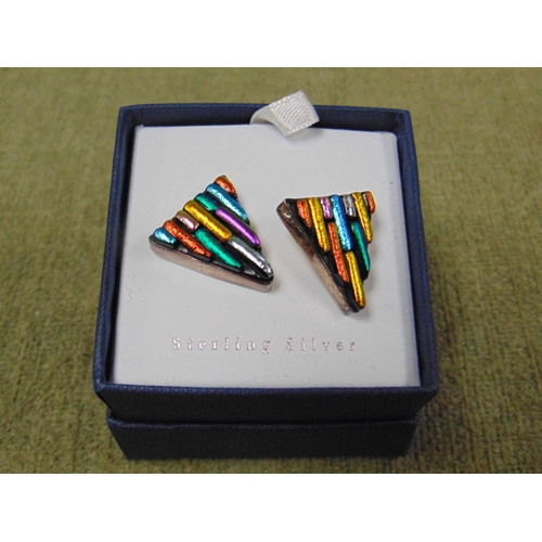 16 - Pair of silver and enamel triangular multi coloured earrings.