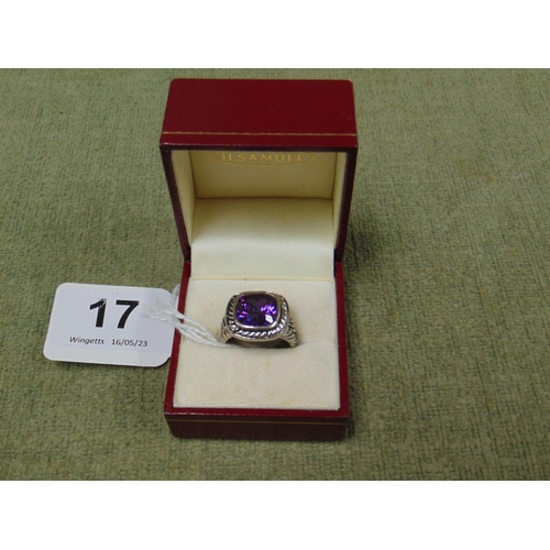 17 - Silver dress ring set with amethyst stone, size L.