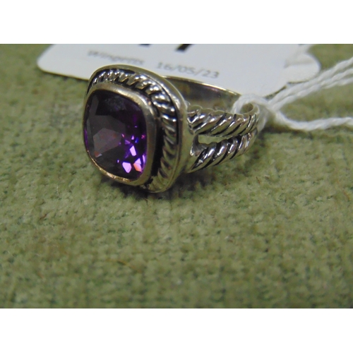 17 - Silver dress ring set with amethyst stone, size L.