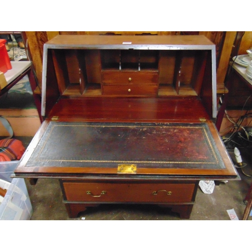 229 - Edwardian inlaid mahogany bureau, shell decorated fall front revealing a fitted interior, four long ... 