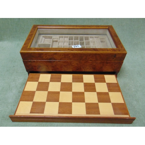 291 - Burr walnut chess compendium, 6 x 17 x 10