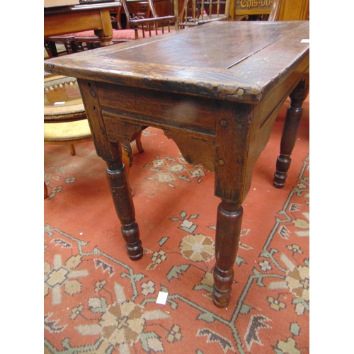 297 - Good antique oak centre table, rectangular top , shaped apron and on turned supports. 27 x 33 x 19