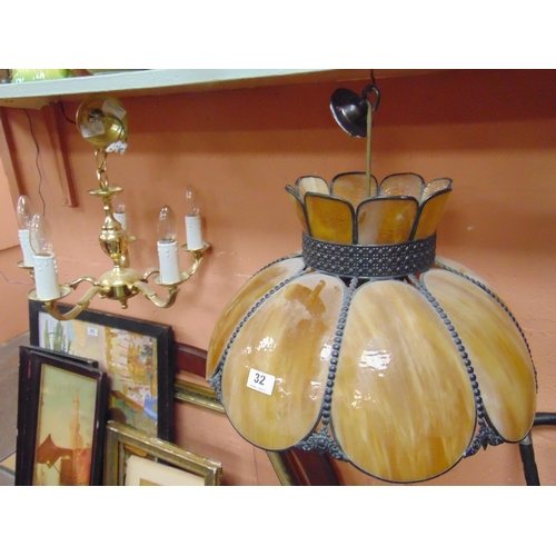 32 - Ornate amber glass lightshade, together with a five branch light fitting.