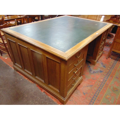 331 - Antique mahogany partners desk, inset leather top, with drawers and metal handles to either side. 31... 