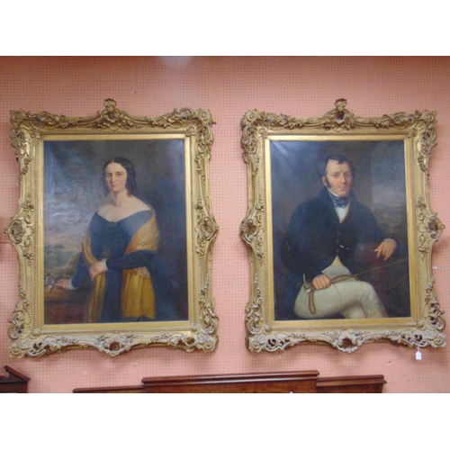 362 - Pair of well executed antique giltwood and gesso framed country house oil paintings on canvas, portr... 