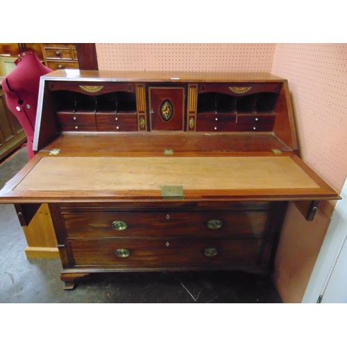 380 - Good antique inlaid mahogany bureau, fall front revealing a fitted interior, two short and three lon... 