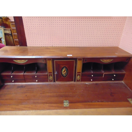 380 - Good antique inlaid mahogany bureau, fall front revealing a fitted interior, two short and three lon... 