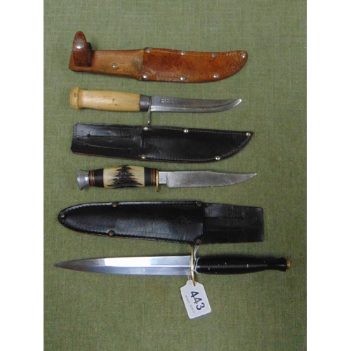 443 - Three hunting knives in sheafs.