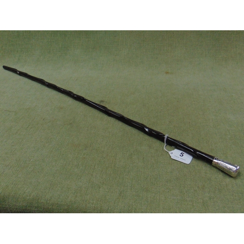 5 - Antique blackthorn walking cane, having possibly silver mount.