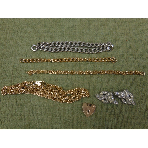 8 - 9ct gold heart shaped padlock, possibly silver curb bracelet, chain necklace, etc.