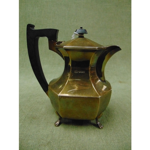 4 - Silver coffee pot, having ebony handle and finial and on paw feet, maker Viners Ltd Sheffield, 1947,... 