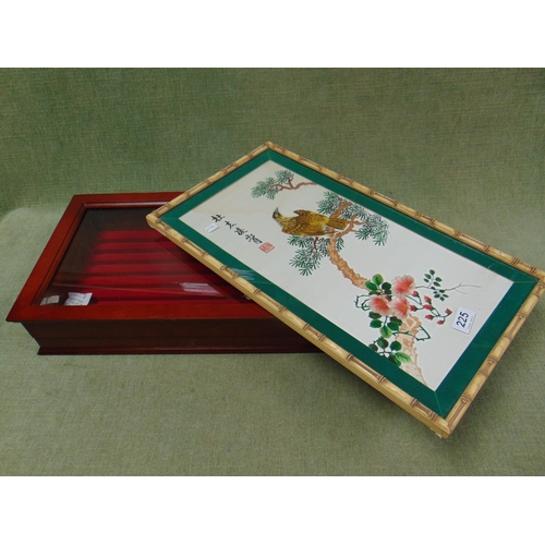 225 - Modern jewellery box, together with a framed and glazed Oriental print on silk. (2).