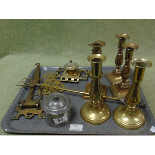 94 - Brass chimney crane, pewter tobacco box, inkwell, candlesticks, etc.