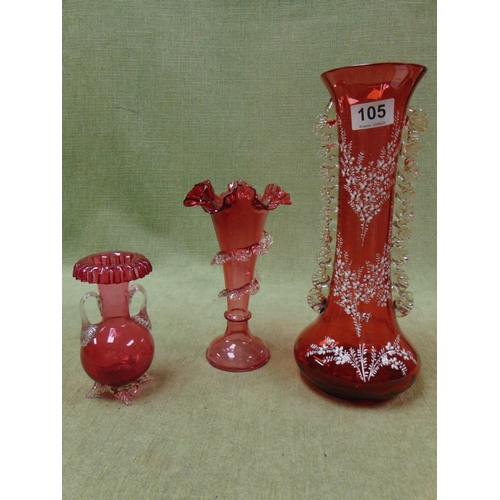 105 - Three 19th century Cranberry glass vases.