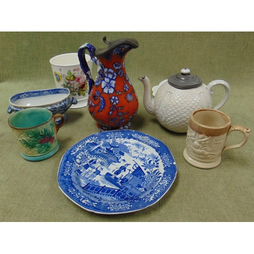 12 - Tray of antique ceramics, to include pewter lidded jug.