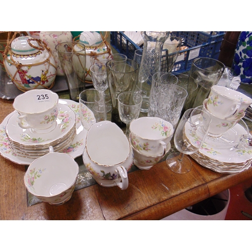 235 - Royal Albert Moss Rose pattern tea set , glassware , and two contemporary light shades.