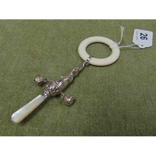 26 - Silver babies rattle with teething ring.