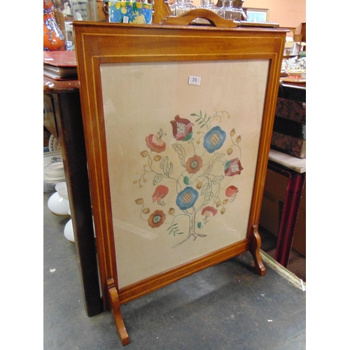 39 - Edwardian inlaid mahogany framed and glazed fire screen , having floral needlework centre. 36.5 x 25... 