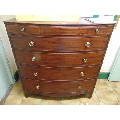 421 - Antique mahogany bow fronted chest of five drawers , brass knob handles and on shaped feet. 44 x 41 ... 