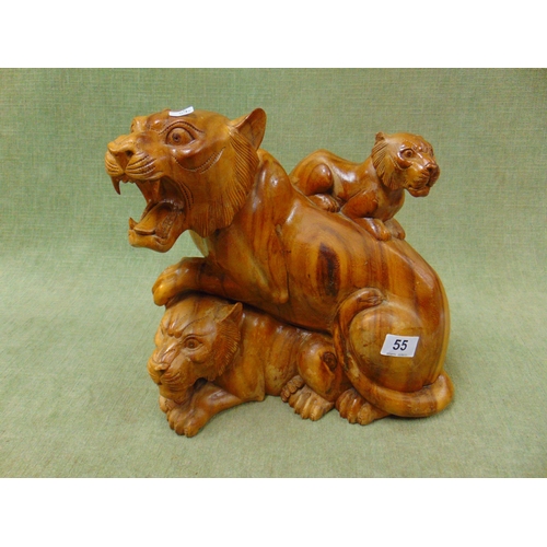 55 - Carved hardwood figure group, Tigress and her cubs. 12