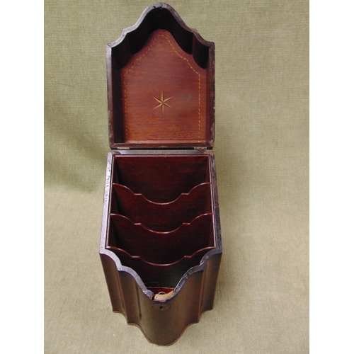 62 - George III inlaid mahogany knife box, having lift up lid and fitted interior, converted. 14.5 x 9.5 ... 