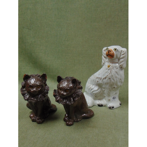 63 - Pair of Bretbury cat figures , together with a 19th century Staffordshire Spaniel.