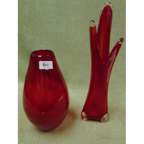 64 - Two red studio glass vases.