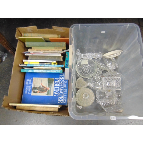 71 - Box of fishing books and some glassware.