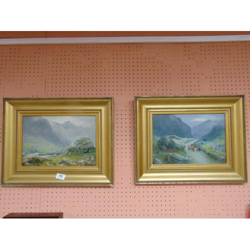 76 - T.Finchett, pair of gilt framed oil paintings on canvas, Irish mountain scapes, each signed and 8.5 ... 