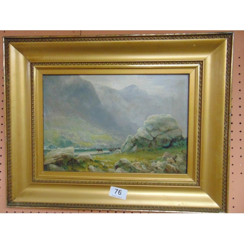 76 - T.Finchett, pair of gilt framed oil paintings on canvas, Irish mountain scapes, each signed and 8.5 ... 