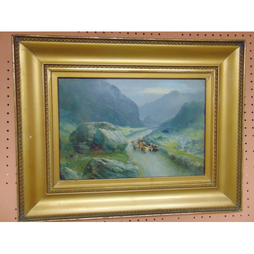 76 - T.Finchett, pair of gilt framed oil paintings on canvas, Irish mountain scapes, each signed and 8.5 ... 